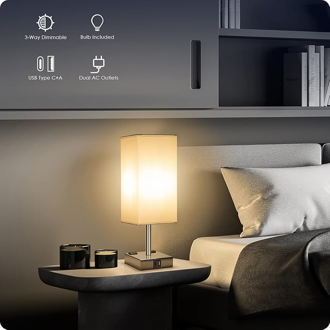 Bedside Lamp with USB Ports - Touch Control Table Lamp for Bedroom with USB C+A Charging Ports & AC Outlets, 3 Way Dimmable Nightstand Light for Living Room (LED Bulb Included, Chrome - White) - Bloomnest