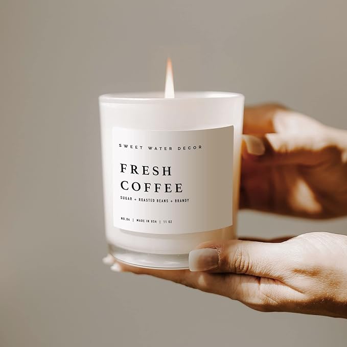 Sweet Water Decor Fresh Coffee Candle - Kona Coffee, Mocha Latte, Caramel Creme Scented Soy Candles for Home - 11oz White Jar with Wood Lid, 50+ Hour Burn Time, Made in The USA - Bloomnest