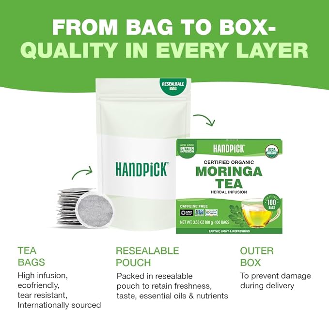 HANDPICK, Organic Moringa Tea Bags (100 Count), Pure Moringa Leaves | Authentic Indian Origin | Caffeine Free, Non GMO | Earthy, Light & Refreshing | Round Eco-conscious Teabags - Bloomnest