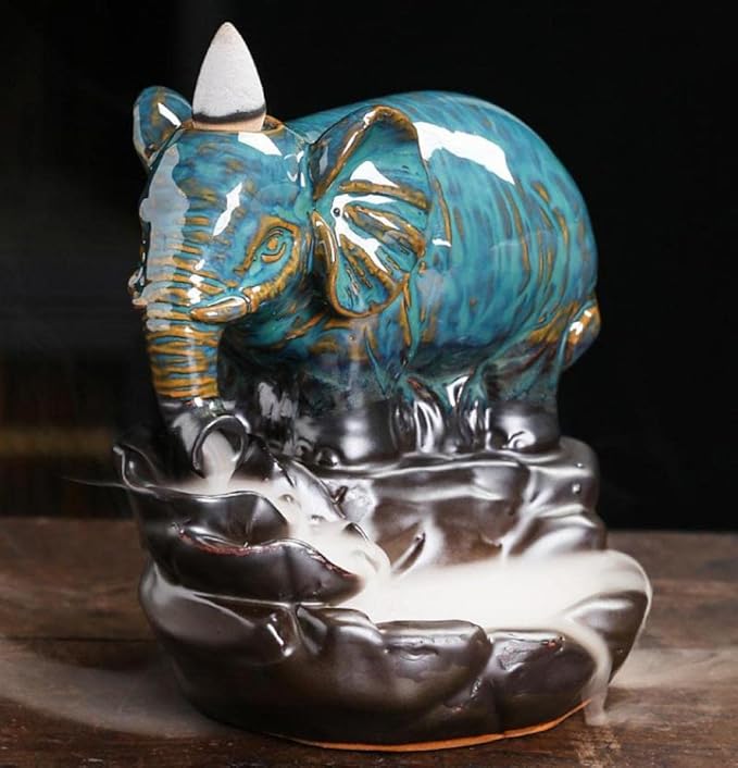 Comeon Backflow Incense Burner Elephant Incense Holder Handmade Ceramic Incense Waterfall Burner Censer + 20 Backflow Incense Cones 30 Incense Sticks 1 Tweezer 1 Mat for Meditaion Home Decor - Bloomnest