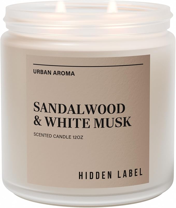 Hidden Label Sandalwood & White Musk Scented Candle - 12oz Natural Soy Non Toxic 70H Burn Time 2 Wick Aromatherapy Candle for Home Decor,Stress Relief & Relaxation - Bloomnest