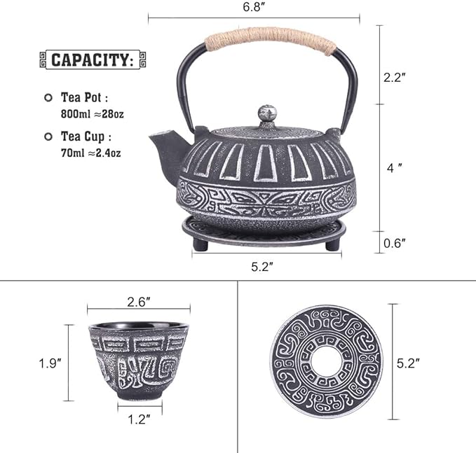 Cast Iron Teapot Set Japanese Style Tea Kettle with Infuser, Enameled Interior Cast Iron Tea Pot with 4 Teacup for Stove Top, Handmade Gift for Friend (28 Ounce, Black) - Bloomnest