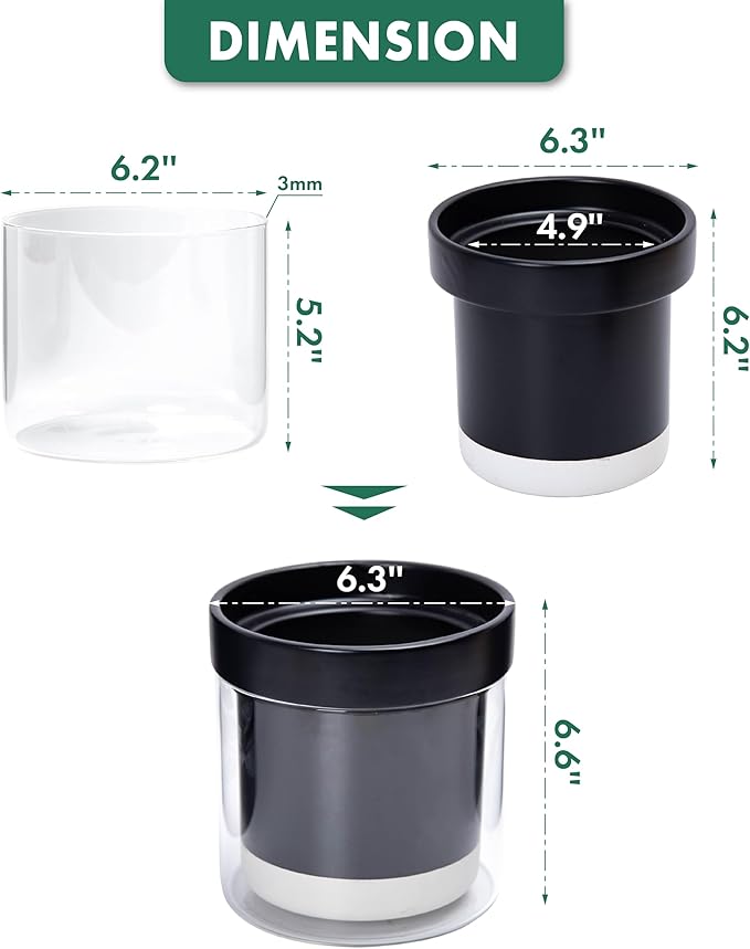 Phoenix Vine 6 Inch Self Watering Planter Pot, Black Terracotta Clay Pot with Glass Reservoir for Indoor Plants, Herbs, Flowers, Set of 2, 52-C-F-2 - Bloomnest