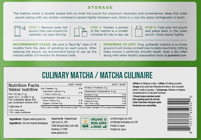 Jade Leaf Matcha Organic Premium Ceremonial Grade Matcha Green Tea Powder - Japanese - Culinary, Ingredient, Ceremonial Barista Teahouse, Latte, Collagen, 16 Ounce (Pack of 1), Culinary - Bloomnest