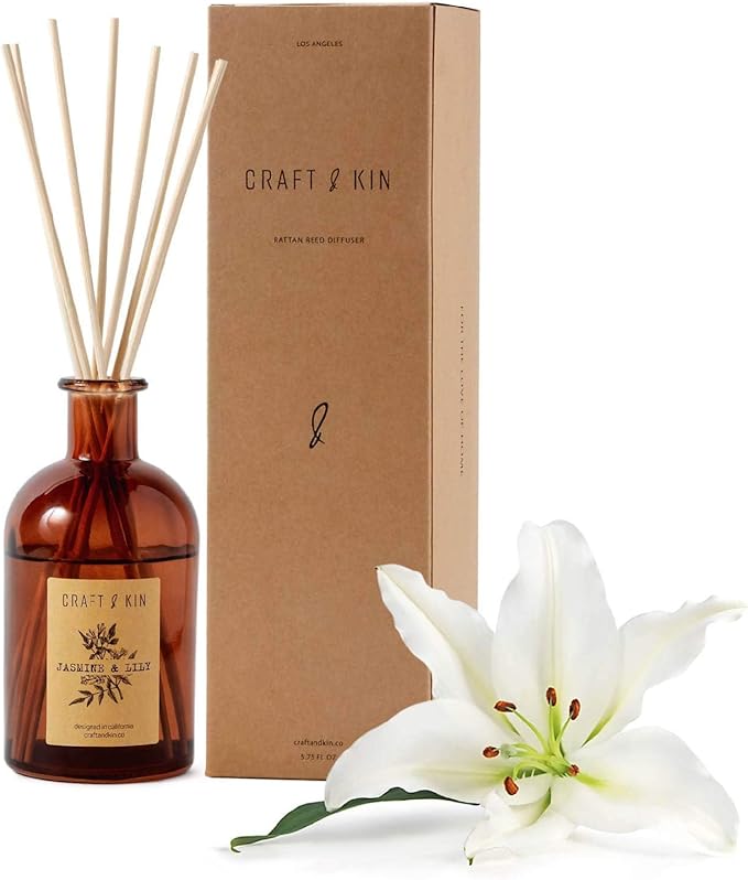 Craft & Kin Lily & Jasmine Diffuser Reed Diffuser | All Natural Essential Oil & 8 Rattan Scent Sticks | Reed Diffusers for Home, Bathroom | Long Lasting Home Fragrance in Amber Glass, 5.75oz CraftKin