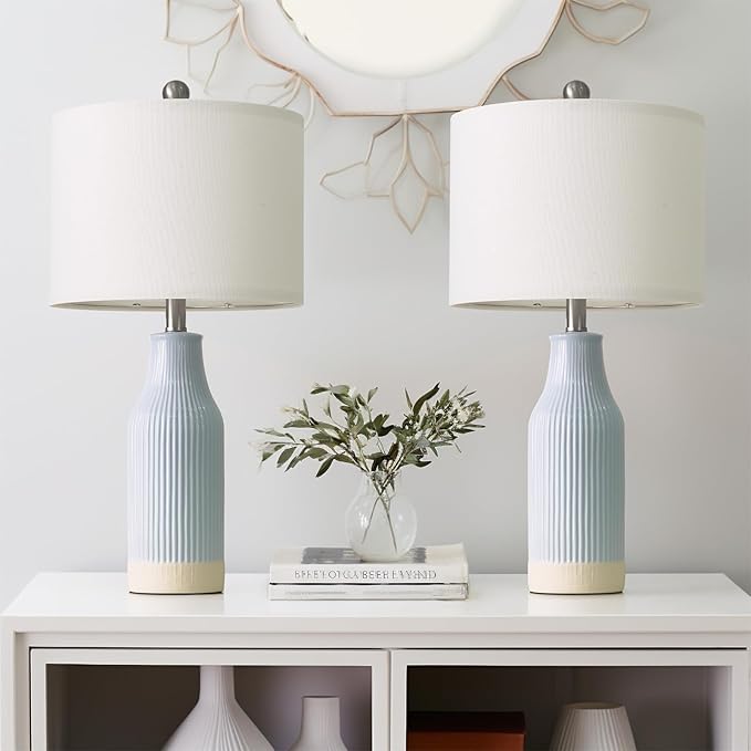23.75inch Light Blue Modern Ceramic Bedside Lamp Set of 2 for Bedroom Decor Farmhouse Table Lamp for Living Room Office Dorm - Bloomnest