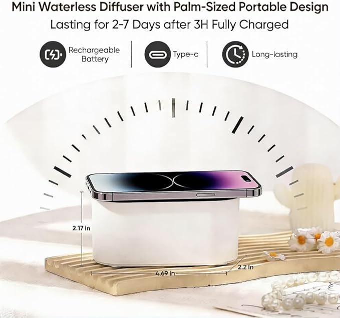 Waterless Diffuser for Essential Oil, Battery Operated Scent Air Aromatherapy Diffuser, Mini Aroma Diffusers with 3 Intermittent Mist Modes, Cycle Start for 400-700 sq.ft Home Office Bedroom. - Bloomnest