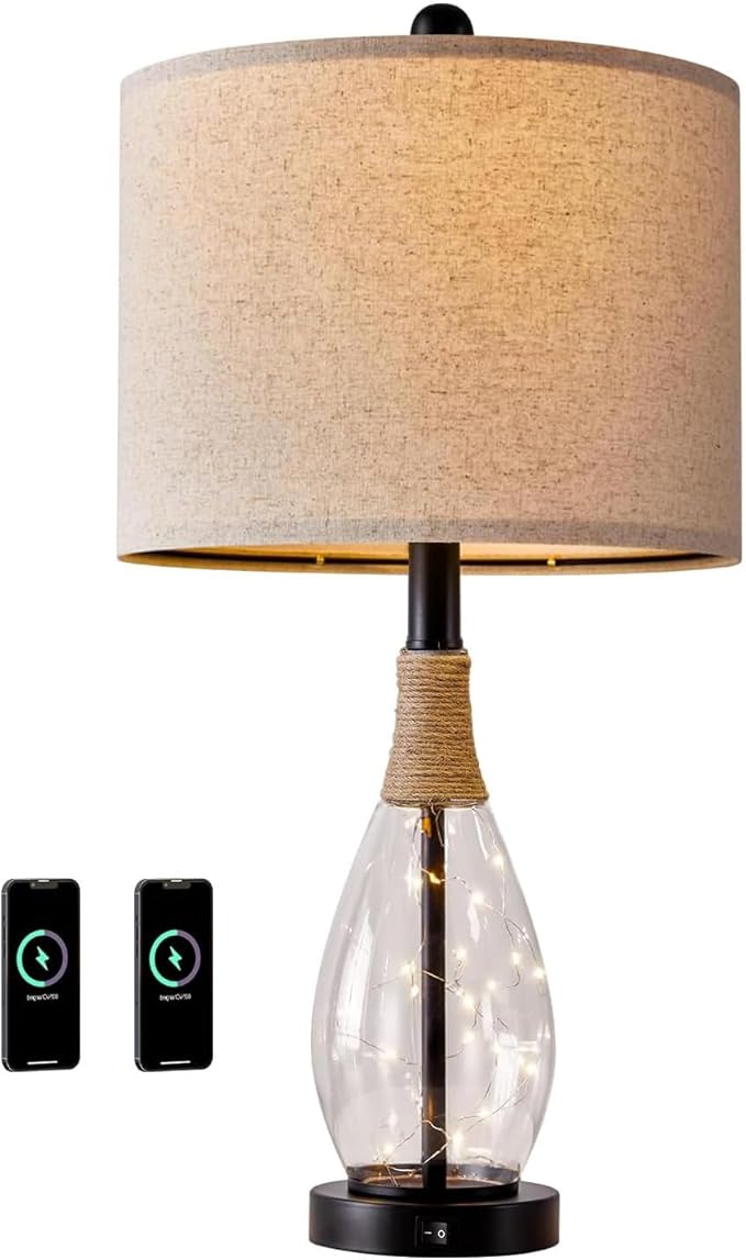 OYEARS 23" USB A+C Table Lamp for Bedroom Living Room Modern Bedside Lamps Retro Farmhouse Rattan Glass Nightstand Nightlight Lamps (Black),Two Light Points - Bloomnest