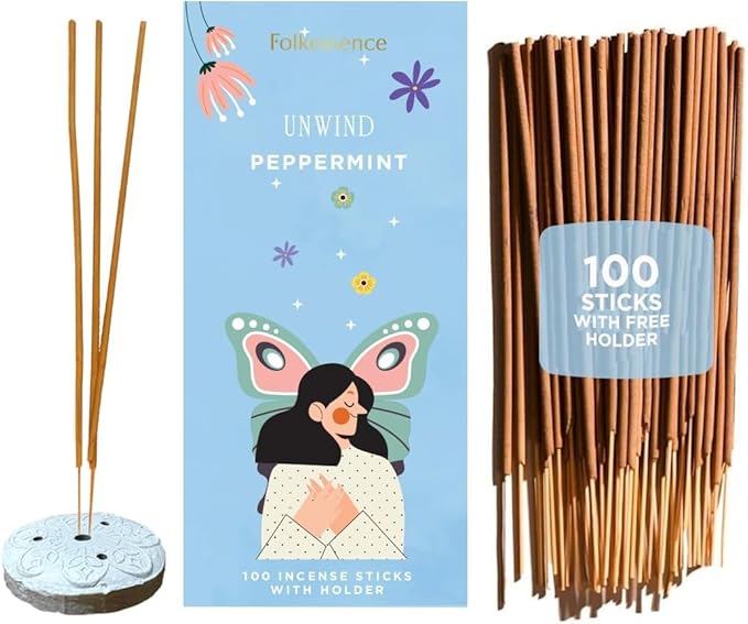Folkulture Incense Sticks with Holder (100 Sticks)| Peppermint Incents Stick for Focus,Aromatherapy, Relaxation Gifts for Women | No Charcoal,Organic,Non Toxic, 45 Mins, Slow Burning Insence-Sticks FOLKULTURE