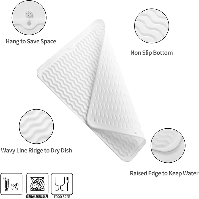 Silicone Dish Drying Mat for Multiple Usage,Easy clean,Eco-friendly,Heat-resistant Silicone Mat for Kitchen Counter or Sink,Refrigerator or drawer liner White L 16 inches x 12 inches - Bloomnest