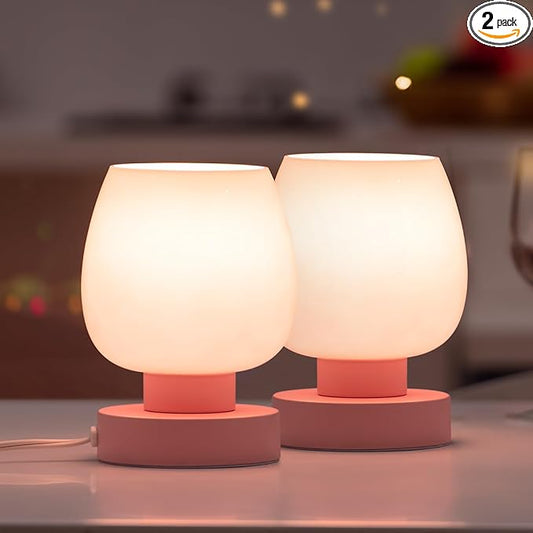 Touch Bedside Table Lamps Set of 2, Dimmable Small Nightstand Lamps for Bedroom, Modern Simple Design, Pink - Bloomnest
