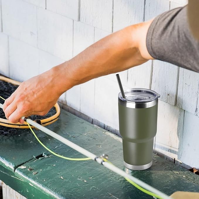 DOMICARE 30 oz Tumbler with Lid and Straw, Stainless Steel Tumblers Bulk, Insulated Vacuum Double Wall Travel Coffee Mug, Durable Powder Coated Tumbler Cups (Army Green, 12) - Bloomnest
