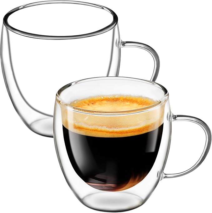 Glass Coffee Cups Set of 2, 8.5oz Double Walled Glass Mugs with Handles, Clear Insulated Coffee Mug Espresso Cups, Cappuccino Latte Tea Cups Set, Heat Resistant Borosilicate Clear Glasses - Bloomnest
