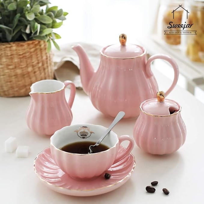 Sweejar Royal Teapot, Ceramic Tea Pot with Removable Stainless Steel Infuser, Blooming & Loose Leaf Teapot - 28 Ounce(Pink) - Bloomnest