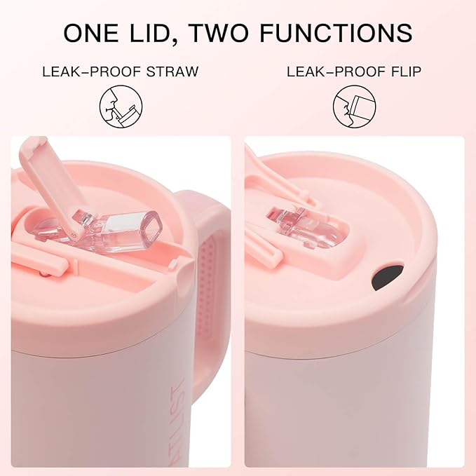 100% Leakproof 40 oz Tumbler with Handle & 4-in-1 SipSwig Lid, Built-In Flip Straw & External Stainless Steel Straw, Insulated Stainless Steel Cup, BPA-Free, Pink - Bloomnest