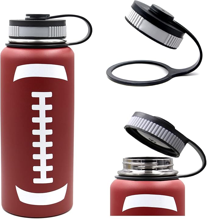 32 oz Football Water Bottle with Straw, Wide Mouth Sports Flask Metal Travel Tumbler with 2 Lids, Stainless Steel Double Wall Vacuum Insulated Thermo Water Bottles, Football Gear Gifts for Boys Girls - Bloomnest