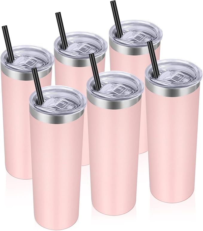 VEGOND Stainless Steel Tumblers Bulk 6 Pack, 20 oz Vacuum Insulated Skinny Tumblers with Lid and Straw, Double Wall Coffee Mug, Travel Water Cup, Light Pink - Bloomnest