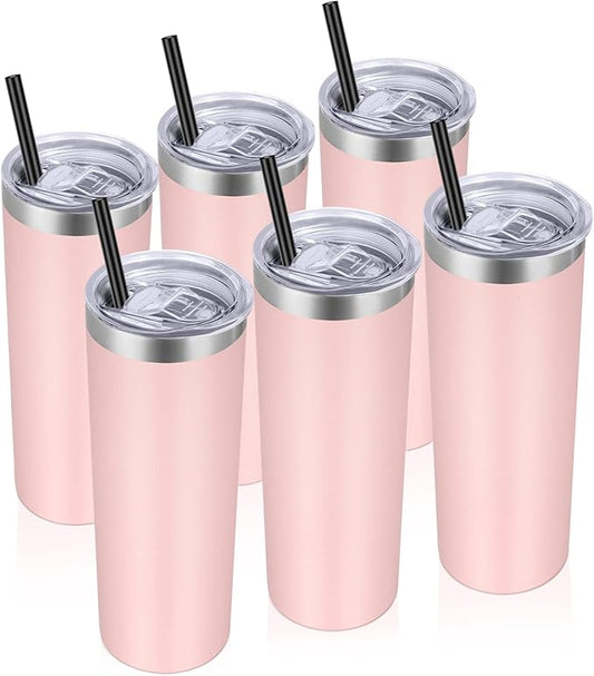 VEGOND Stainless Steel Tumblers Bulk 6 Pack, 20 oz Vacuum Insulated Skinny Tumblers with Lid and Straw, Double Wall Coffee Mug, Travel Water Cup, Light Pink - Bloomnest