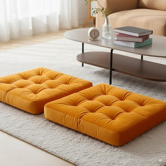 Velvet Floor Pillow Set of 2, Square Large Pillows Seating for Adults, Tufted Cushions for Meditation, Yoga, Tatami, Living Room, Chair, Machine-Washable & Dryer-Safe, Orange, 22x22 Inch - Bloomnest