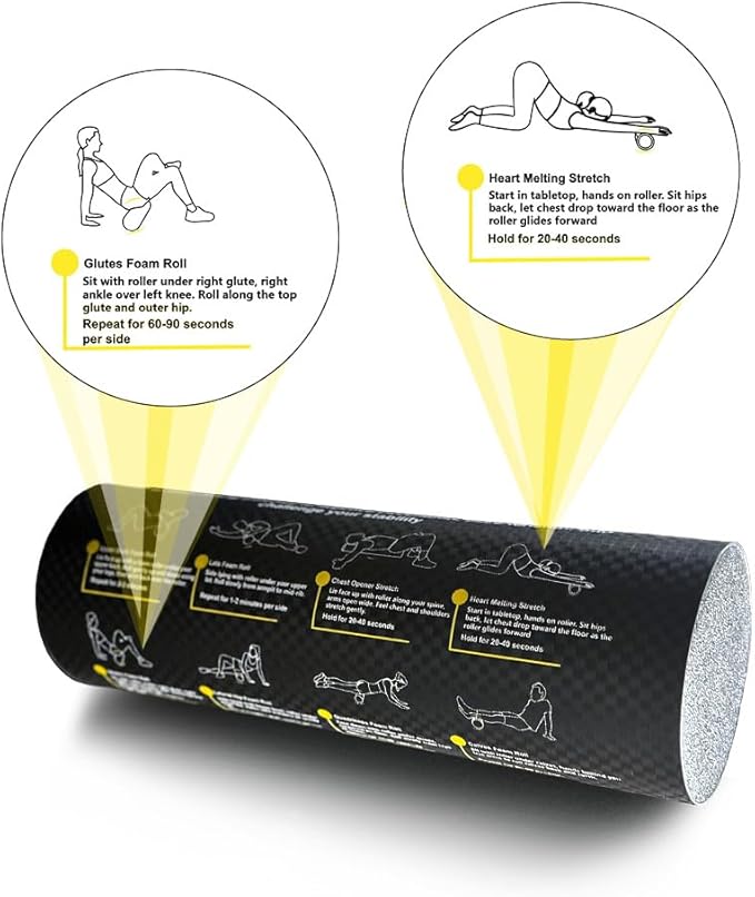 Fitness Foam Roller with Printed Exercises - 17''x 6'' Lightweight EPE/PE Exercise Roller Foam - Includes 12 Guided Stability, Mobility & Recovery Moves - Dual Color Instructional Design - Bloomnest