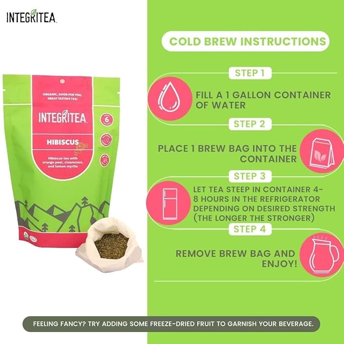 IntegriTEA Organic Hibiscus Tea Bags for Hibiscus Iced Tea - 6-Bag Unsweetened Iced Tea Pack for 6 Gallons of Tea - Hot or Cold Brew Iced Tea Bags - Bloomnest