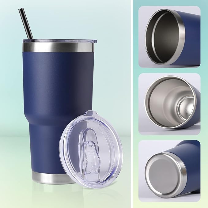 DOMICARE 30 oz Tumbler with Lid and Straw, Stainless Steel Tumblers Bulk, Insulated Vacuum Double Wall Travel Coffee Mug, Durable Powder Coated Tumbler Cup (Navy, 1)