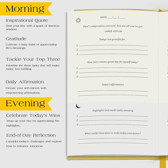 The Original Gratitude Journal with Inspiring Prompts & Quotes for Mindfulness, Reflection & Personal Growth - Daily Wellness Journal for Men & Women - Luxurious Linen Yellow Cover Bloomnest