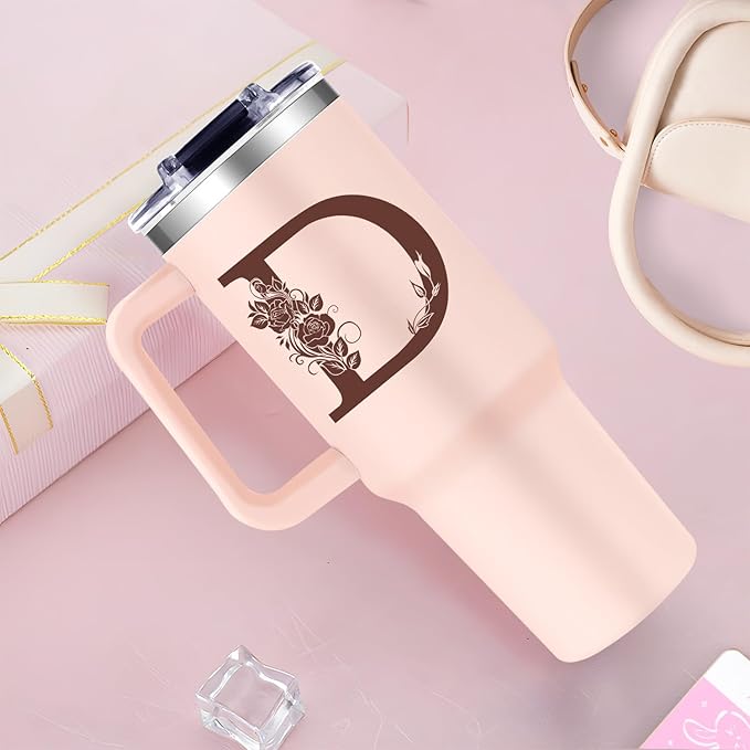 Monogrammed 40oz Tumbler with Handle for Women, Personalized Birthday Gifts for Women,Initial Cups for Woman Pink Letter D,Customized Gifts for Female Lady Gift for Mothers Day Christmas - Bloomnest