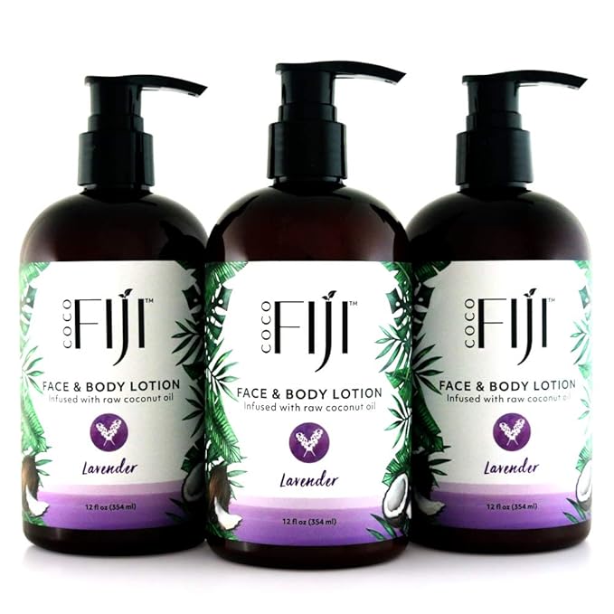 Coco Fiji Face & Body Lotion Infused With Coconut Oil | Lotion for Dry Skin | Moisturizer Face Cream & Massage Lotion for Women & Men |Lavender 12 ozPack of 3 - Bloomnest