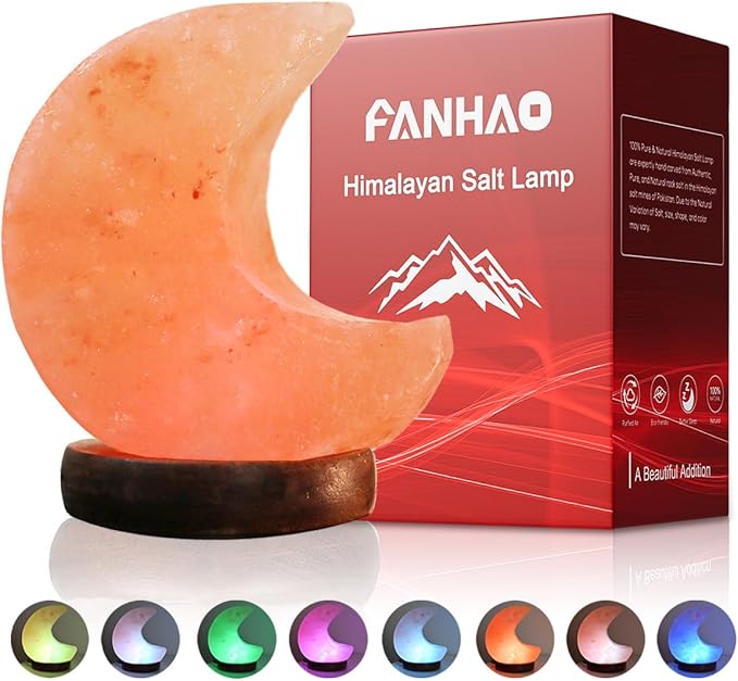 FANHAO Himalayan Salt Lamp, 100% Authentic Natural Hand Carved Moon Pink Crystal Rock Salt with 8 Color Changing, USB Salt Rock Lamp Night Light for Home Decor and Gift, Neem Wooden Base - Bloomnest