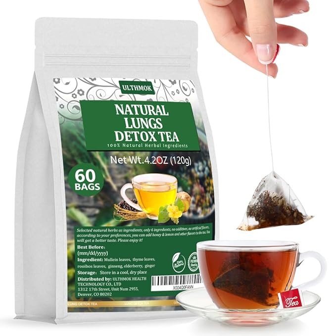 Premium 60 Natural Herbal Blend Tea Bags, Made with 6 Natural Herbs, Mullein Leaves, Elderberry, Thyme, Rooibos, Ginseng Root, Ginger Root, for Respiratory Support & Lung Health & Cleanse Mucus & Wellness & Detox. - Bloomnest