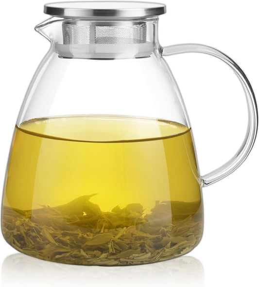68OZ/2000ML One Touch Glass Teapot with Stainless Steel Filter Lid, Stovetop & Microwave Safe Tea Maker Water Kettle, Strainer & Cover 2 in 1 Loose Leaf Tea Steeper Pot Coffee Carafe - Bloomnest