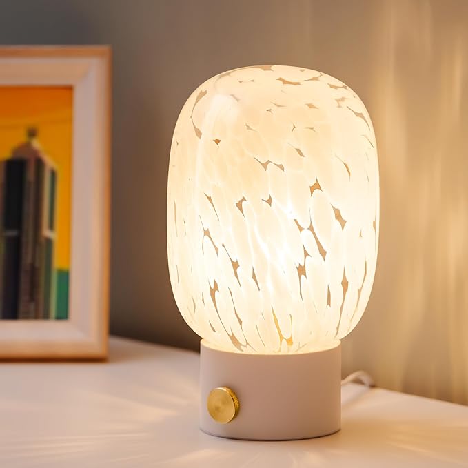 ONEWISH Table Lamp for Bedroom Nightstand,Bedside Lamp Translucent Glass Stepless Dimmable,Vintage Glass Lamp Murano Aesthetic Home Decor with Bulb for Living Room Kitchen Mother's Day - Bloomnest