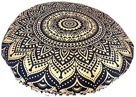 INDIAN CRAFT CASTLE 24" Gold Ombre Black Mandala Barmeri Large Floor Pillow Cover Cushion Meditation Seating Ottoman Throw Cover Hippie Decorative Zipped Bohemian Pouf Ottoman Pom Pom Cases 24" Round - Bloomnest