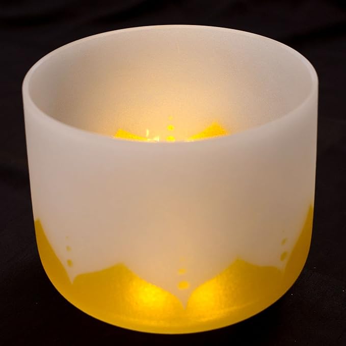 Leize Quartz Crystal Singing Bowl 432hz E Note Solar Plexus Chakra Yellow Lotus Design 10" Wide with Suede Striker - Bloomnest