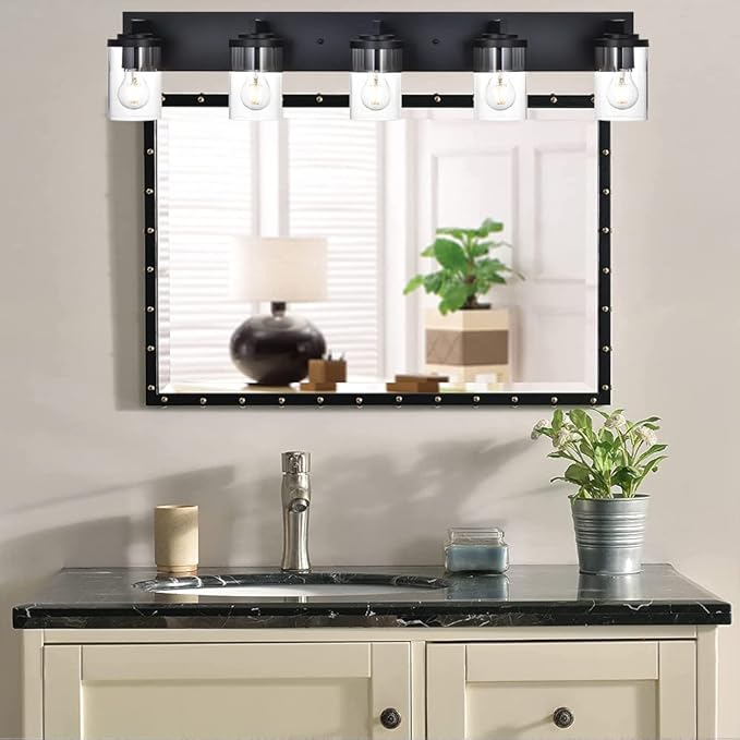 BONLICHT Industrial 5 Light Wall Mount Lighting Sconces Bathroom Vanity Light Matte Black Metal with Clear Glass Shade,Modern Farmhouse Wall Lamp Indoor Bath Wall Lamp Fixture Over Mirror - Bloomnest