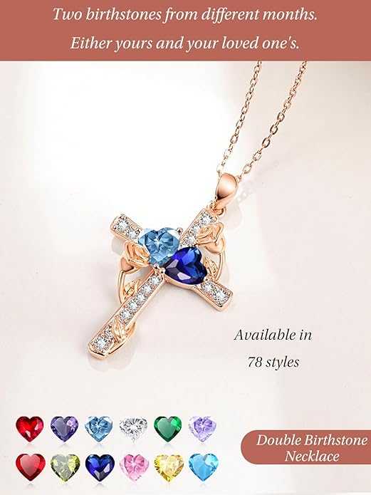 Rose Gold Dual Birthstones Cross Necklace for Women Rose Flower Jewelry Anniversary Christmas Mother's Valentine's Day Birthday Gift for Wife Girlfriend Mom - Bloomnest