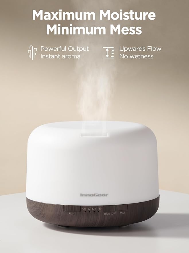 InnoGear Aromatherapy Diffuser & 10 Essential Oils Set, 500ml Essential Oil Diffuser with Remote Control Ultrasonic Cool Mist Scent Humidifier Vaporizer Auto-Off Timer for Room Office Home, Brown - Bloomnest