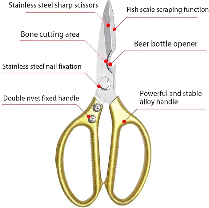 Kitchen Scissors All purpose, Have duty Stainless Steel Cooking Shears for Cutting Meat, Chicken,Poultry, Fish, Herbs, Seafood Scissors with Comfort Grip gold - Bloomnest