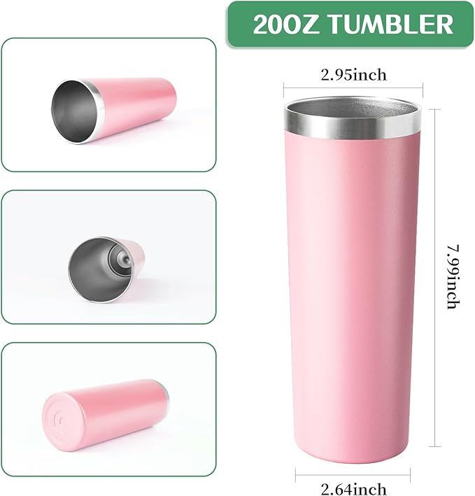 20 oz Skinny Tumbler with Lid and Straw,Stainless Steel Vacuum Insulated Tumbler Cup Double Wall Leak-proof Coffee Mug,Travel Thermal Water Tumbler for Home,Office,Outdoor (Pink,1) - Bloomnest