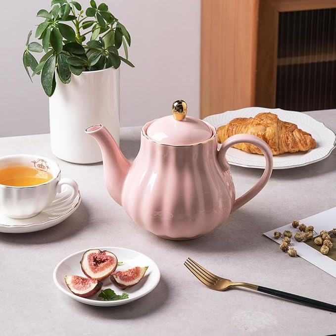 Sweejar Royal Teapot, Ceramic Tea Pot with Removable Stainless Steel Infuser, Blooming & Loose Leaf Teapot - 40 Ounce (Pink) - Bloomnest