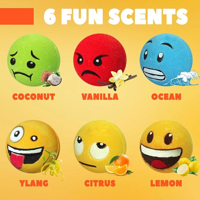 Large Emotion Face Bath Bombs Set of 6 – Fun Emoji-Inspired Spa Fizzies – Handmade with Shea Butter, Cocoa Butter & Essential Oils – Moisturizing Gift Set for Women, Men & Kids - Bloomnest