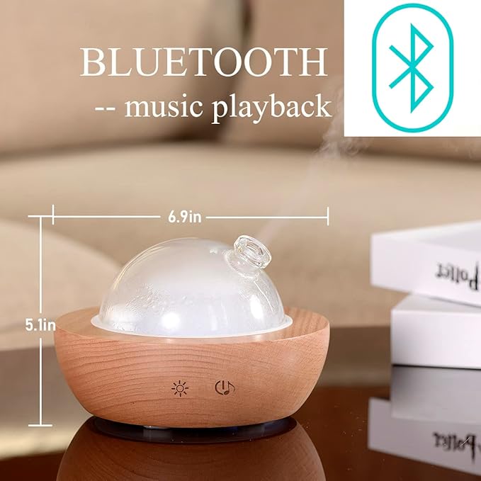 Glass Essential Oil Diffuser,Real Wood Base,Bluetooth Speaker,2025 Upgrade Aromatherapy Diffuser,Aroma Diffuse with Music Player,LED Light in 7 Colors，Home Office Bedroom（Non-Glass Reservoir） - Bloomnest