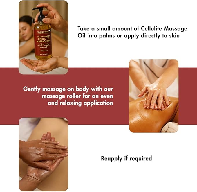 MAJESTIC PURE Massage Oil for Massage Therapy - Refreshing, and Relaxing - Natural Oils - for All Skin Types - Men and Women (8 Fl Oz, Cellulite Massage Oil with Roller) - Bloomnest