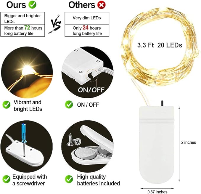 MUMUXI 20 Pack 3.3ft Fairy Lights Battery Operated String Lights, Mini LEDs Powered, Waterproof Indoor Silver Wire Firefly Mason Jars, Warm White for Home Decor, Parties, and Weddings - Bloomnest