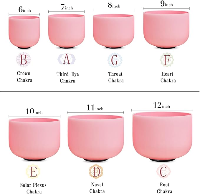 CVNC 432HZ 6-12 Inch Pink Color Frosted Quartz Crystal Singing Bowls Chakra Set of 7 with Carry Case Bags for Sound Healing and Meditation - Bloomnest
