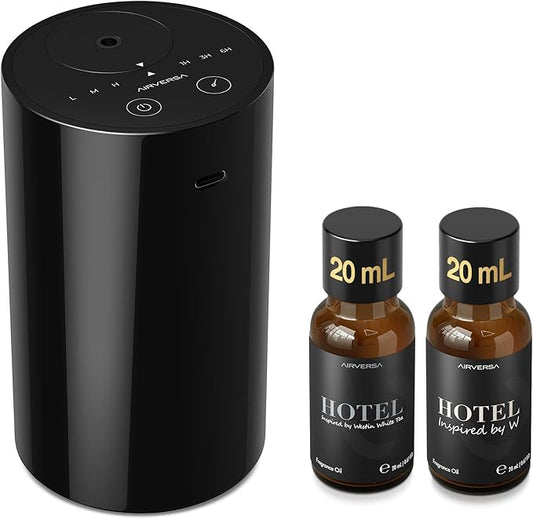 Airversa Waterless Essential Oil Diffuser Starter Kit with 2x20mL Hotel Fragrance Oils for Car Home Office, Cordless Battery Operated Scent Air Freshener Diffuser, Mist & Timer, AN8Kit-3 Black - Bloomnest