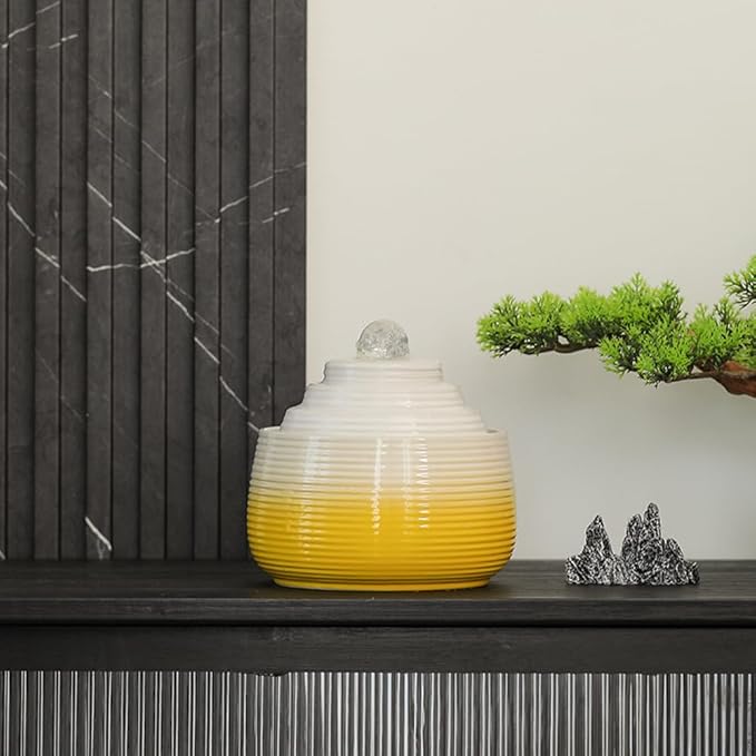 Indoor and Outdoor Fountain Water Feature Fall Ceramic Home Office Decoration mini Tabletop Desktop (Yellow with Ball S092) - Bloomnest