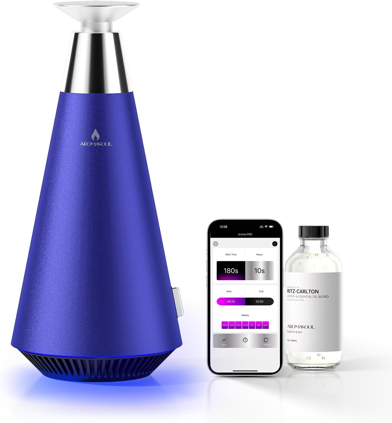 Waterless Scent Diffuser Starter Kit - 1500 Sq Ft Coverage, Alloy Atomization System,Mood Light,Smart Rechargeable Hotel Scent Diffuser, Including 120ml Essential Oil, for Home,Large Room,Spa,Blurple