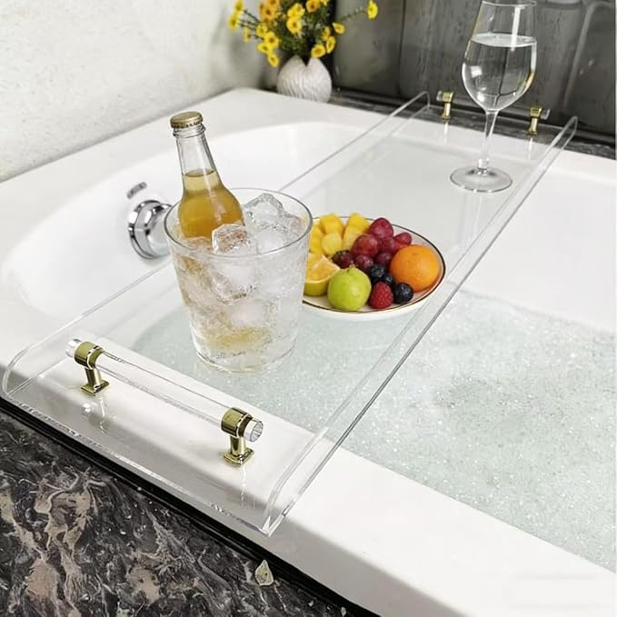 WANLIAN 33inch Luxury Bathtub Caddy Tray for Bathroom Bath tub Table Caddy Shelf for Shower Storage Organizer tub Accessories for Bath tub Table Caddy (Gold-Clear) - Bloomnest
